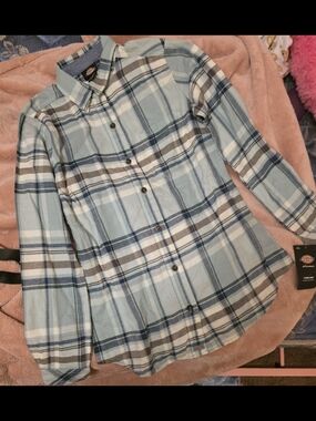 Dickies Womens Blue and White Plaid Button-Down Shirt